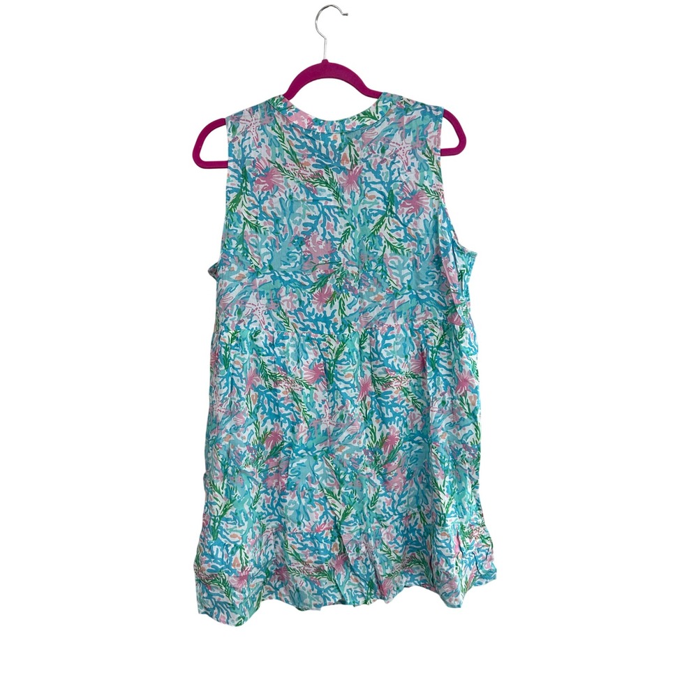 Linda Anderson Women XL Turquoise Pink Coral Floral Sleeveless Tiered Dress